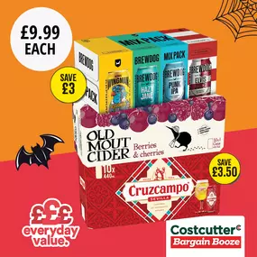 £9.99 each on selected 8 / 10 pack beers & ciders.