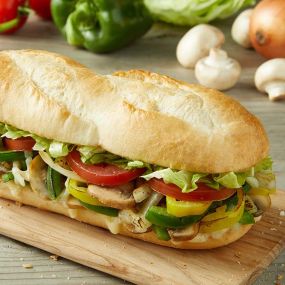 Oven baked with freshly cut Roma tomatoes, yellow onions and green peppers, fresh mushrooms, lettuce, banana peppers, smoked Provolone, house Italian dressing.