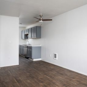 Wood plank flooring and ceiling fans help keep you cool at Kentwood Apts in Kent, WA