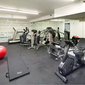 Fitness center with cardio equipment, yoga ball, and floor mat