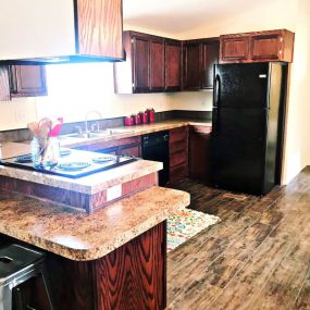 a kitchen with a black refrigerator freezer and a stove top oven