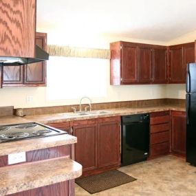 a kitchen with a black refrigerator freezer and a stove top oven