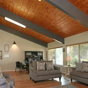 a living room with couches and chairs and a large window