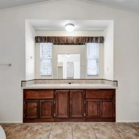 a bathroom with a sink toilet and mirror