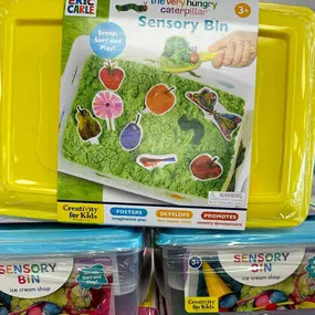 Our developmental selection includes an excellent variety of sensory bins that allow children to explore various textures. We've recently added the Very Hungry Caterpillar bin to our collection!