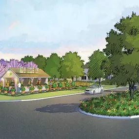 Amenity Center coming Summer 2025. Rendered community farmers market space. Image for reference only.