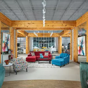 Vibrant and colorful living room furniture display in a modern showroom.