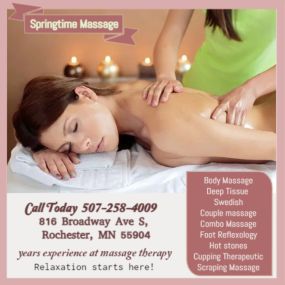 Massage techniques are commonly applied with hands, fingers, 
elbows, knees, forearms, feet, or a device. 
The purpose of massage is generally for the treatment of 
body stress or pain.