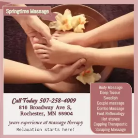 Whether it's stress, physical recovery, or a long day at work, Springtime Massage has helped 
many clients relax in the comfort of our quiet & comfortable rooms with calming music.