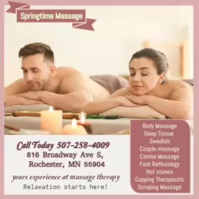 A couple's massage is just like any other massage service, 
but you and your partner receive the massage at the same time, 
on separate tables, and by two different massage therapists. 
The massage is generally offered in a private room on side-by-side massage tables.