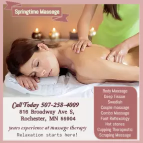 Massage techniques are commonly applied with hands, fingers, 
elbows, knees, forearms, feet, or a device. 
The purpose of massage is generally for the treatment of 
body stress or pain.