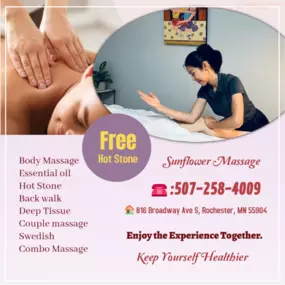 Massage techniques are commonly applied with hands, fingers, 
elbows, knees, forearms, feet, or a device. 
The purpose of massage is generally for the treatment of 
body stress or pain.