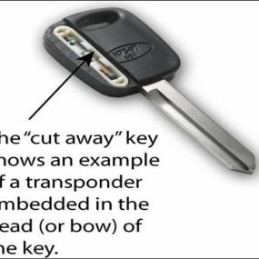 This picture shows how the transponder chip in your car key looks hidden in the plastic. Locksmiths are able to read and program car keys if lost or stolen.
