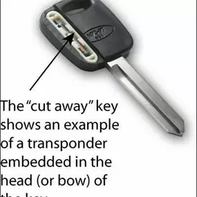 This picture shows how the transponder chip in your car key looks hidden in the plastic. Locksmiths are able to read and program car keys if lost or stolen.