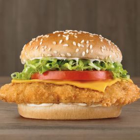 Open your eyes wide and set your sights on a quarter pound* of crispy, juicy, 100% white meat chicken topped with fresh iceberg lettuce and creamy mayo, American cheese, a slice of red-ripe tomato, all on a sesame seed bun. 

*Pre-cooked weight