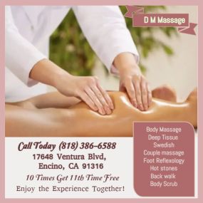 Our traditional full body massage in Encino, CA
includes a combination of different massage therapies like 
Swedish Massage, Deep Tissue, Sports Massage, Hot Oil Massage
at reasonable prices.
