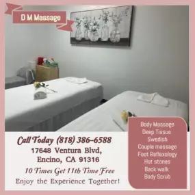 A couple's massage is just like any other massage service, 
but you and your partner receive the massage at the same time, 
on separate tables, and by two different massage therapists. 
The massage is generally offered in a private room on side-by-side massage tables.