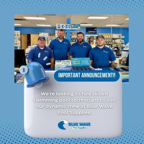Are you looking for a rewarding career as a swimming pool technician? Join our Blue Wave Pool Supplies expert team and turn your love for swimming pools into a fulfilling career! Drop by our store or give us a call at your earliest convenience to schedule an interview with us. We’re excited to hear from you!