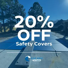 Blue Wave Pool Supplies now has 20% off on All Swimming Pool Safety Covers! The early bird special starts right now! Protect your family and pets with one of our heavy-duty safety covers; call Blue Wave today to set up your FREE safety cover measurement! If you already have a safety cover and it’s old or just needs some repairs, bring it to Blue Wave and we’ll get you a quote on a duplicate cover or repair! And remember, we match or beat most competitors’ coupons and quotes!