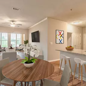 Living room with kitchen and dining area