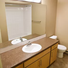 Bathroom with mirror and cupboards