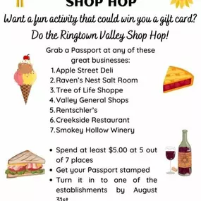 The countdown has started…
4 more days to finish up your passport for the Ringtown Valley Shop Hop!
When completed (don’t forget to fill out your contact info in the back), turn it in to any of the 7 participating businesses.
I will collected them next week and let you know who the gift card winners are.
Thank you so much and good luck!!!
BethAnn????