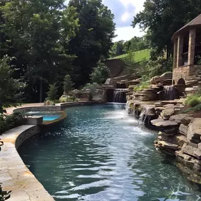 Crystal clear pool water with stone waterfall in Richmond, KY