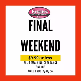 Don't miss out on the final days of our Semi-Annual Clearance Sale this weekend! All clearance scrubs are priced at $9.99 or less. Come in early for the best selection. Please note, clearance items are final sale and cannot be held. See you tomorrow!