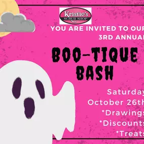 Stop in and shop Saturday Oct. 26th from 10-4 during our 3rd Annual BOO-tique Bash????
There will be discounts, drawings, and sweet treats! You don't want to miss this????