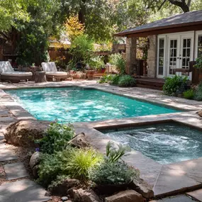 Tropical pool design idea in Waller, TX and surrounding areas with native plants and stone pool decking