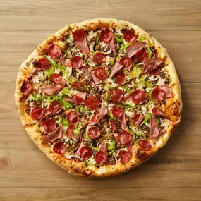 JOHNNY'S DELUXE PIZZA Loaded to the max! Sausage, onions, mushrooms, green peppers, beef, Canadian bacon & pepperoni.