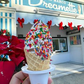 Jacksonville Ice Cream San Marco Dreamette located at 1905 Hendricks Ave., Jacksonville, FL 32207 serves a chocolate twist waffle cone with rainbow sprinkles