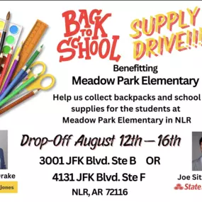 SCHOOL SUPPLIES NEEDED!! We will be collecting school supplies to benefit Meadow Park Elementary School the week of August 12th-16th. Please consider helping the children in our community!