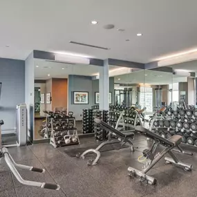 24 hour fitness center with free weights.