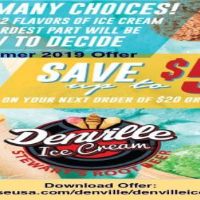 Summer 2019 Offer. Save up to $5 on orders $20 and more. Buy 6 pack of icecream sandwiches, Get 1 pack FREE
Download to get offer: https://thepulseusa.com/denville/denvilleicecream/