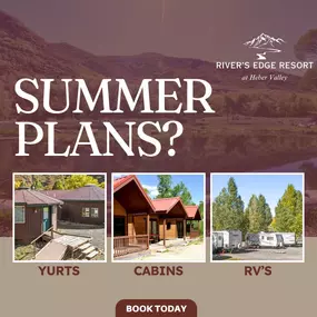 Heber Valley is THE destination for your summer adventures! Just a scenic 35-minute drive from Park City, Utah, River's Edge offers the perfect serene getaway. Choose from our cozy Yurts, Cabins, or bring your own RV and immerse yourself in all that Heber Valley has to offer. ⛺⛰️ Don't wait – book your stay today and make unforgettable memories!