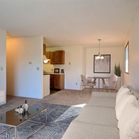 a living room with a couch and a coffee table and a television