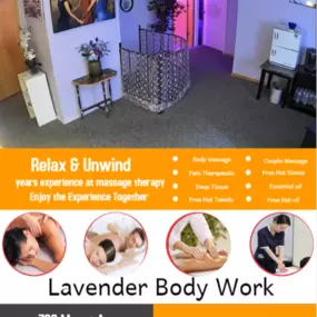 Massage is becoming more popular as people now understand the 
benefits of a regular massage session to their health and well-being.
Here at Lavender Body Work Spa & Massage we love being a part of helping 
taking part in peoples wellness and a better life.