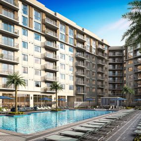 Heated resort-style pool at The MARC luxury apartments in Palm Beach Gardens, FL