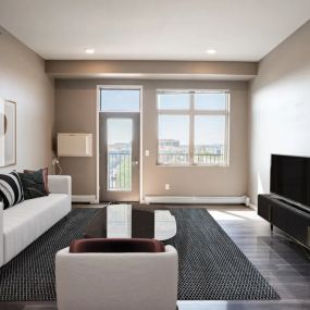 living room with a white couch and a rug and a television