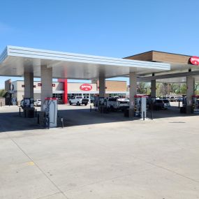 The view of the gas pumps at a Maverik convenience store in Westminster, Colorado.