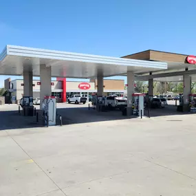 The view of the gas pumps at Maverik in Westminster, Colorado.