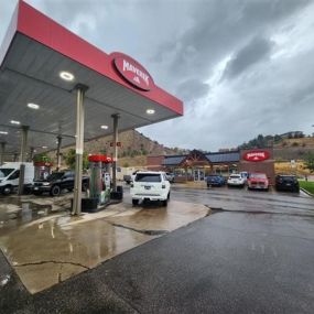 The view of the gas pumps at a Maverik convenience store in New Castle, Colorado.