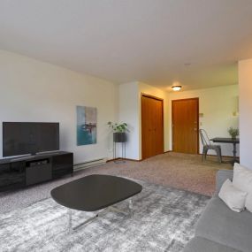 a living room with a couch and a coffee table and a tv