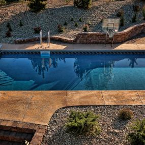 Aerial view of a pool in a backyard