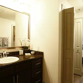 The bathroom at TwentyOne 01 on Market apartments is stylish and functional.