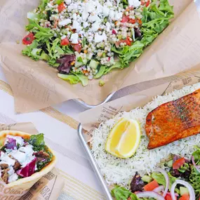 Mediterranean Salad, Grilled Salmon plate, Gyro pita