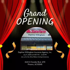 ???? Exciting News Alert! ????
Join us as we celebrate a significant milestone for Daphine Willingham Insurance Agency, Inc.! ????✂️
We are thrilled to announce our OFFICIAL grand opening and ribbon-cutting ceremony. ???????? This occasion calls for a celebration, and we want YOU to be a part of it!
???? Date: July 11, 2024 ⏰ Time: 4:00 - 5:30 PM???? Location: 4645 E Chandler Blvd #110 in Ahwatukee/Phoenix AZ
Please come out to meet me and my dedicated team serving your insurance needs with prof