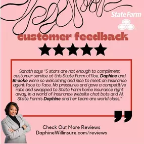 At Daphine Willingham State Farm, we believe in the power of real connections. There's nothing quite like the human touch when it comes to understanding your needs and providing the personalized service you deserve. We're here to listen, support, and be there for you in every way possible.

Thank you for appreciating the genuine interactions and trusting us with your insurance needs. Your confidence and connection mean the world to us.