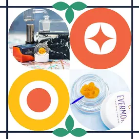 Collage featuring Evermore cannabis concentrate, a dab rig, and a close-up of concentrate with a dab tool, framed by abstract orange and yellow graphics.